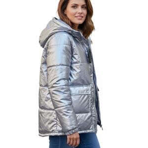 PRETTY LITTLE THING Women's 10 Jacket Puffer Coat Silver Metallic Full Zip Hood
